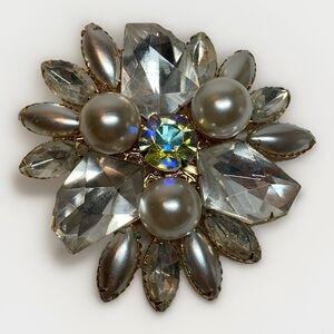 Vintage Judy Lee Signed Brooch 2” Clear White  Large Stone Costume Jewelry